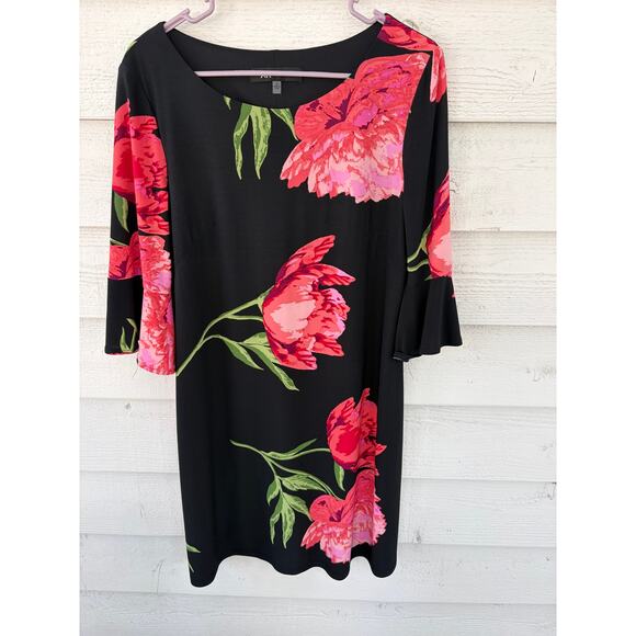 Anne Klein Black Floral Midi Dress Size M Bell Sleeve Statement Print - Picture 3 of 6